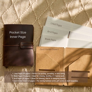 May include: A brown leather pocket-size journal with the text "Pocket Size Inner Page". The journal is open, revealing lined, grid, and blank pages, along with a card holder insert. The journal includes 32 lined pages, 32 blank pages, 32 grid pages, and a 2-page card holder insert.