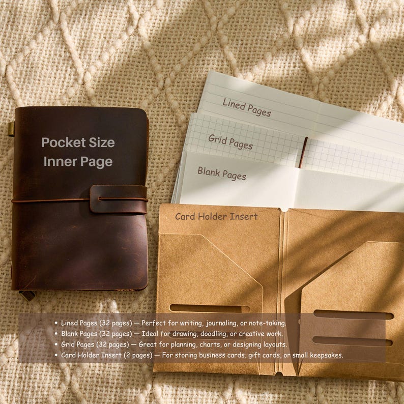 May include: A brown leather pocket-size journal with the text "Pocket Size Inner Page". The journal is open, revealing lined, grid, and blank pages, along with a card holder insert. The journal includes 32 lined pages, 32 blank pages, 32 grid pages, and a 2-page card holder insert.