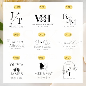May include: A collection of wedding invitation designs featuring various monogram styles with names and dates. Designs include initials with arrows, ampersands, and floral elements. The dates are displayed in a numerical format.