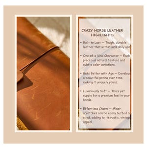 May include: Close-up of a brown leather product with a textured surface. The image includes text highlighting the features of Crazy Horse Leather, including durability, unique character, and a vintage appeal.