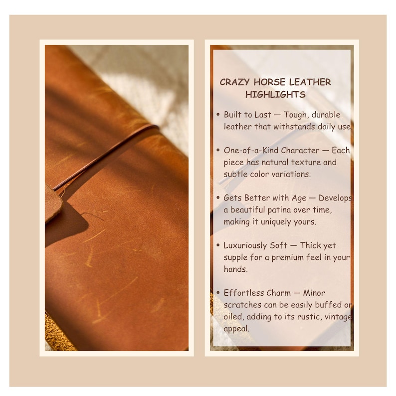 May include: Close-up of a brown leather product with a textured surface. The image includes text highlighting the features of Crazy Horse Leather, including durability, unique character, and a vintage appeal.