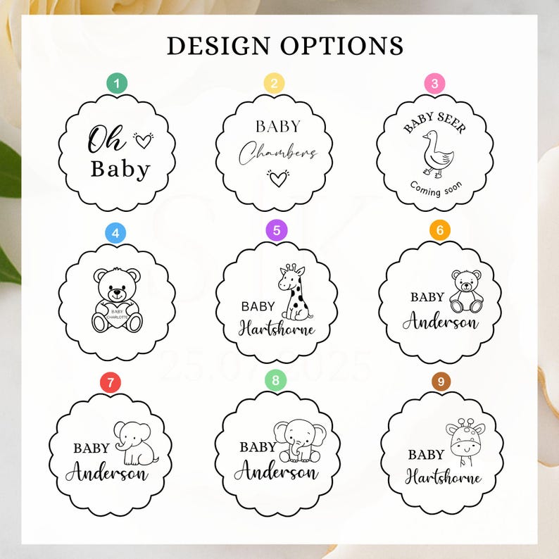 K&ouml;nnte beinhalten: Neun Designs mit Baby-Motiven und Text. Designs beinhalten einen Teddyb&auml;ren, eine Giraffe, einen Elefanten und Texte wie "Oh Baby", "Baby Chambers" und "Baby Anderson". Der Text "Design Options" steht oben.
