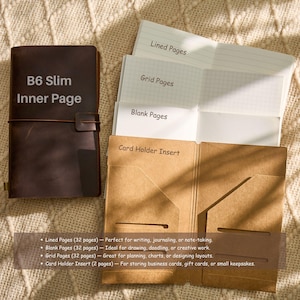 May include: A brown B6 Slim Inner Page notebook with a leather cover and a card holder insert. The notebook includes lined, grid, and blank pages. The text "Lined Pages", "Grid Pages", "Blank Pages", and "Card Holder Insert" are visible.