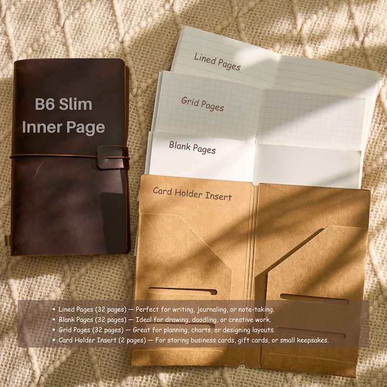 May include: A brown B6 Slim Inner Page notebook with a leather cover and a card holder insert. The notebook includes lined, grid, and blank pages. The text "Lined Pages", "Grid Pages", "Blank Pages", and "Card Holder Insert" are visible.