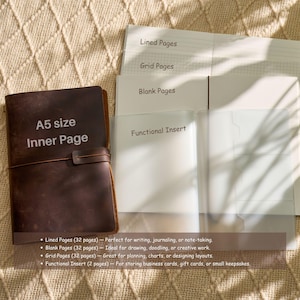 May include: A brown leather A5 size journal with a strap closure. The journal includes lined, grid, and blank pages, as well as a functional insert. The text "A5 size Inner Page" is visible on the cover. The journal is designed for writing, drawing, and planning.