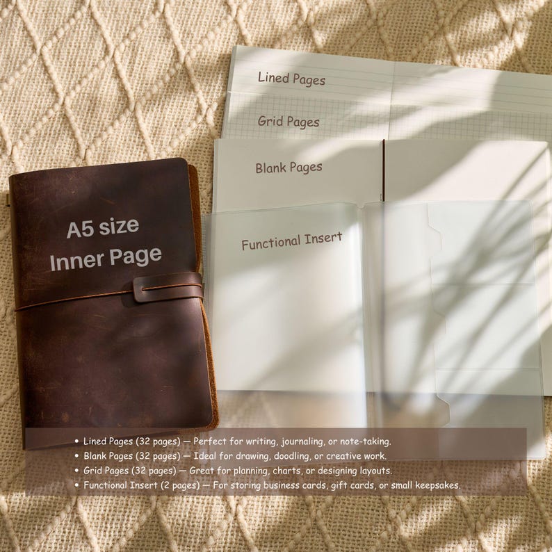 May include: A brown leather A5 size journal with a strap closure. The journal includes lined, grid, and blank pages, as well as a functional insert. The text "A5 size Inner Page" is visible on the cover. The journal is designed for writing, drawing, and planning.