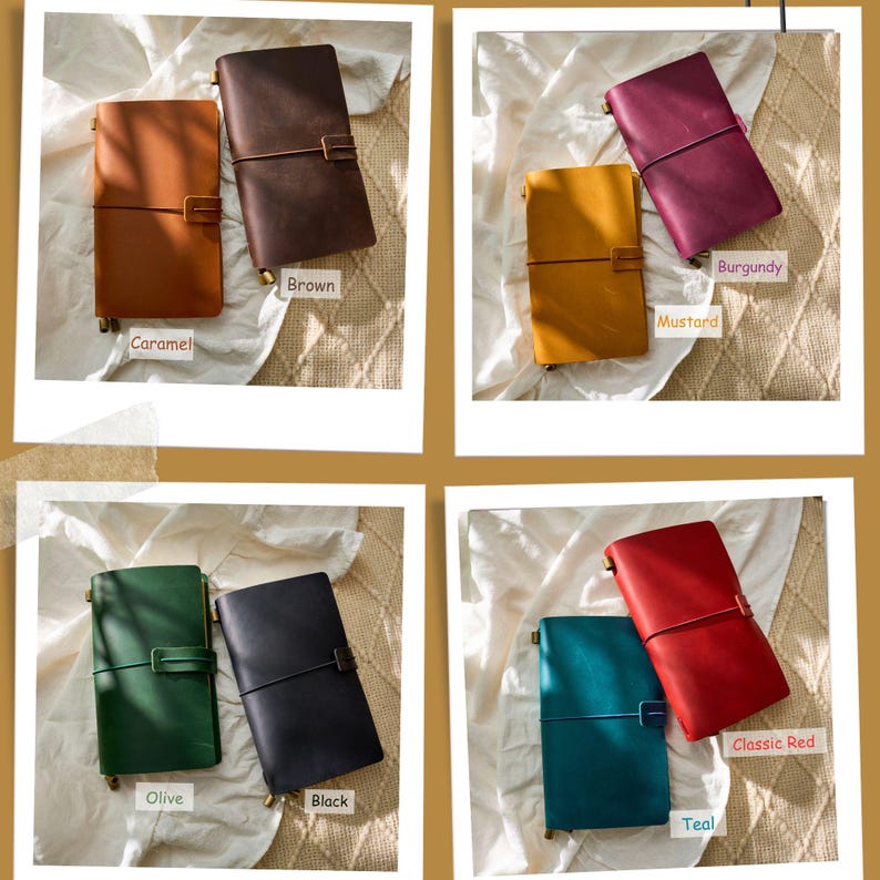 May include: A collection of leather journals in various colors, including caramel, brown, mustard, burgundy, olive, black, teal, and classic red. Each journal is closed with a leather strap and metal clasp.