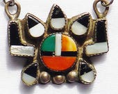 Zuni Sterling Silver Turquoise Multi-Stone Inlay Kachina Horned Sun God SunfacePendant Necklace