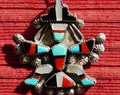 Southwest Sterling Silver Turquoise Multi-Stone Inlay Knifewing Pin Pendant Necklace