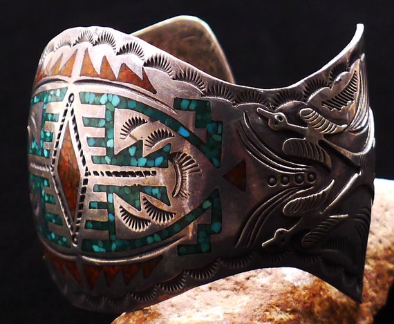 Navajo Sterling Silver Turquoise Coral Chip / Mos… - image 3