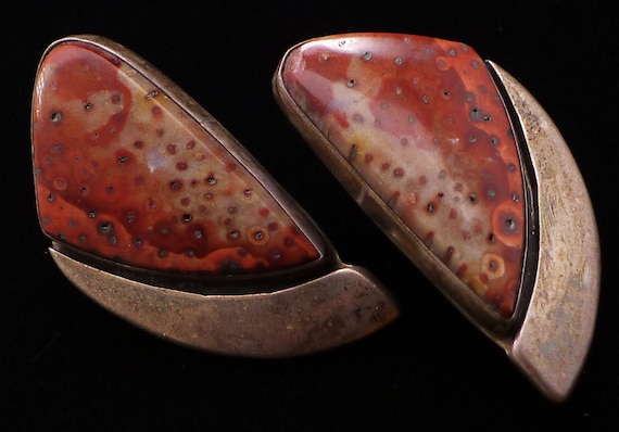 Chunky Navajo Sterling Silver Sponge Coral Earrin… - image 2