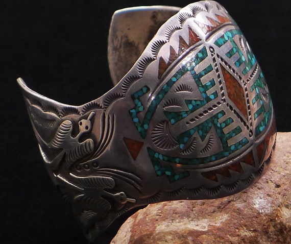 Navajo Sterling Silver Turquoise Coral Chip / Mos… - image 4