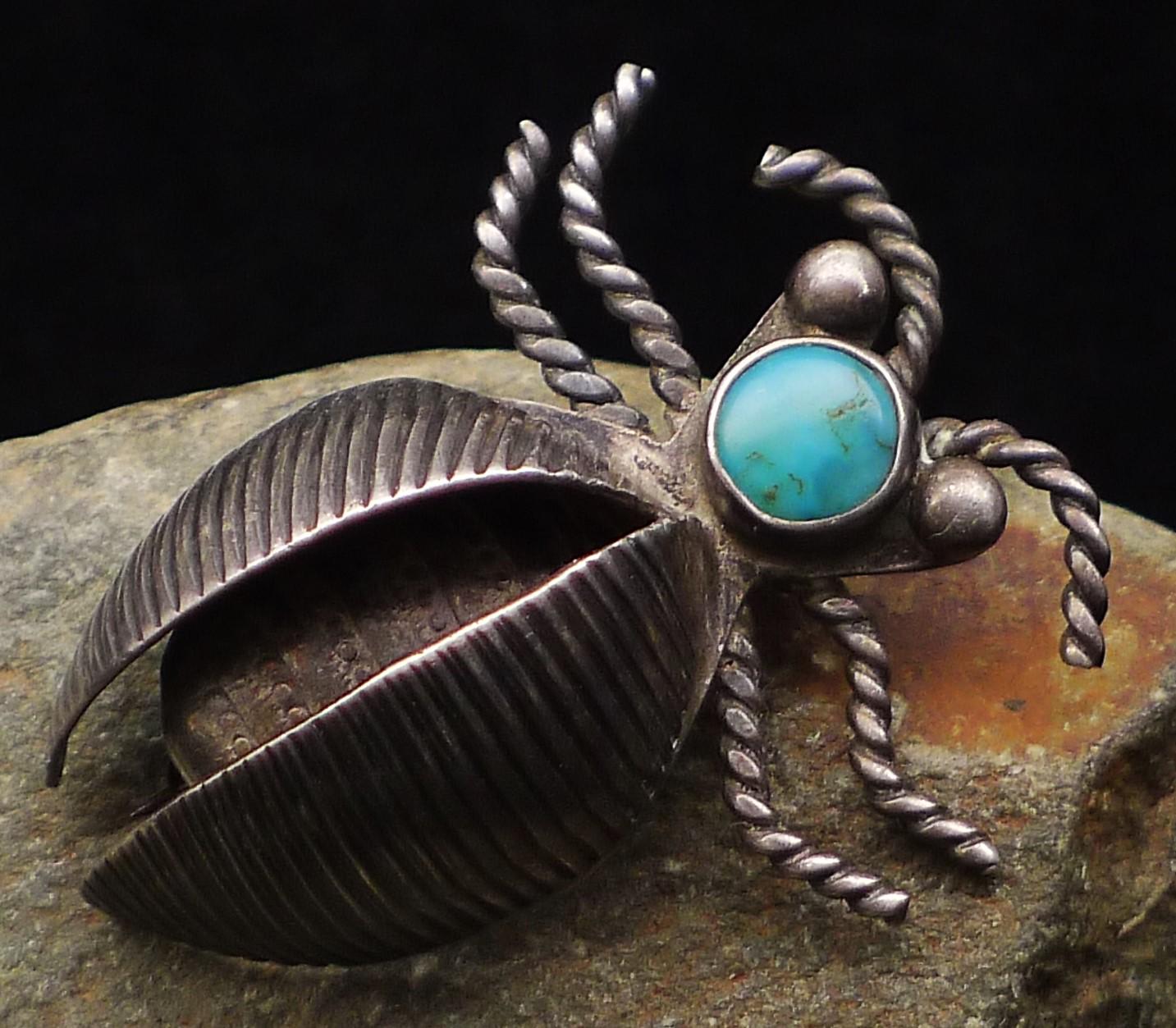 Navajo Stamped Sterling Silver Turquoise Bug Pin / Brooch
