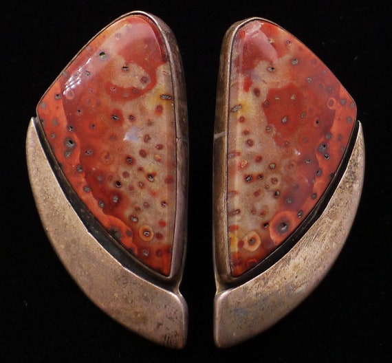 Chunky Navajo Sterling Silver Sponge Coral Earrin… - image 1