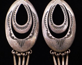 Long Navajo Stamped Sterling Silver Oval Dangle Earrings