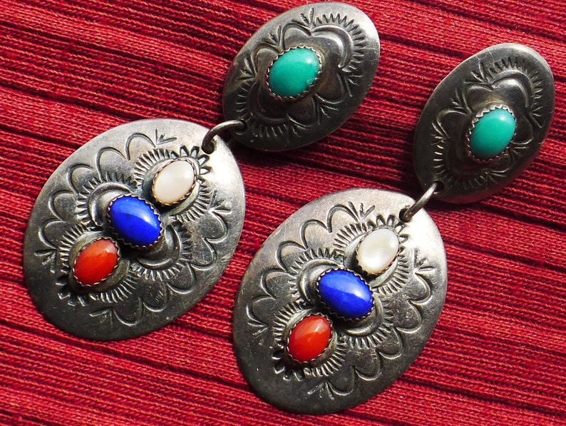 Navajo Sterling Silver Turquoise Multi-Stone Concho Dangle Earrings