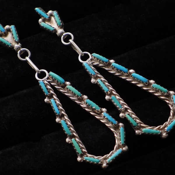 Zuni Sterling Silver Needlepoint Turquoise Teardrop Dangle Earrings