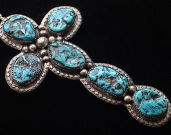 Large Navajo Sterling Silver Turquoise Cross pendant Necklace