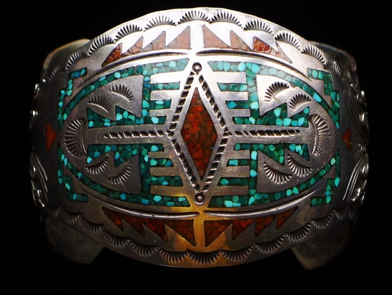 Navajo Sterling Silver Turquoise Coral Chip / Mos… - image 1