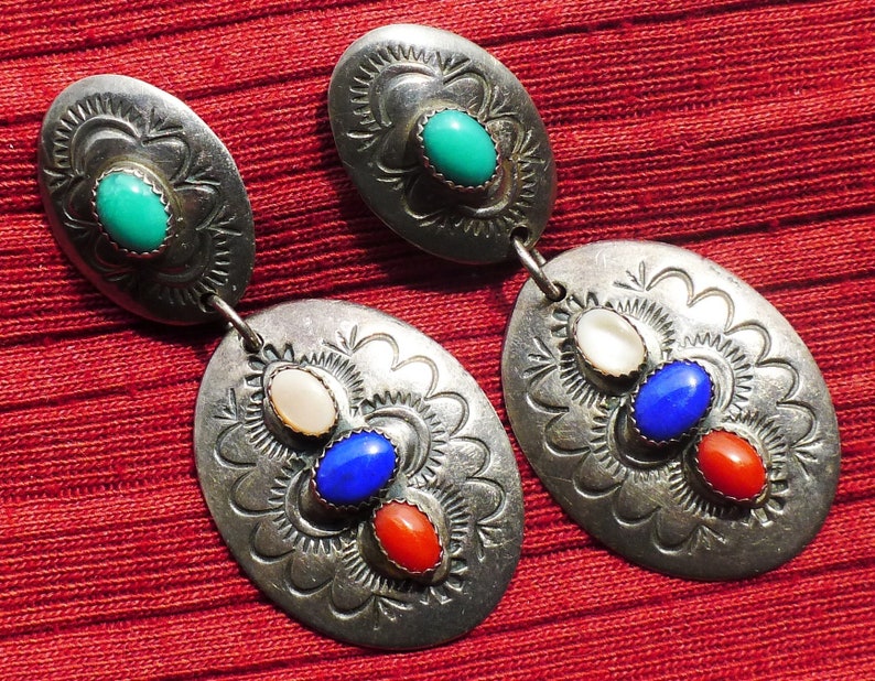 Navajo Sterling Silver Turquoise Multi-Stone Concho Dangle Earrings