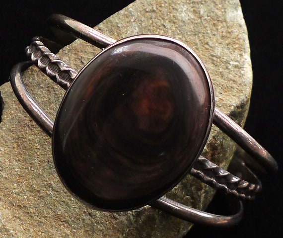 Southwest Sterling Silver Obsidian Cuff Bracelet - image 1