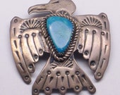 Navajo Stamped Sterling Silver Turquoise Thunderbird Pin Brooch