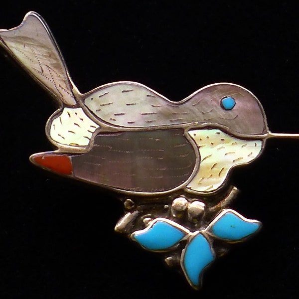 Zuni Sterling Silver Etched Inlaid Multi-Stone Bird Pin / Pendant