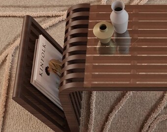 Archivos CNC para mesa de revista paramétrica, diseño moderno de mediados de siglo, estilo retro, mesa de salón con revistero, planos digitales de madera contrachapada.