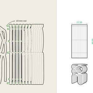 May include: A line drawing of a modular furniture design called "Living Lines". The design features a series of interlocking curved shapes that can be arranged in different configurations. The drawing includes dimensions in centimeters.