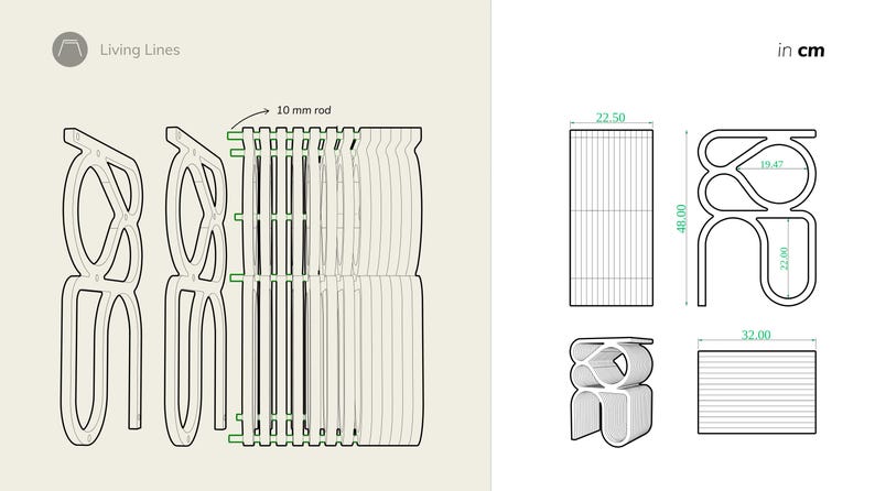 May include: A line drawing of a modular furniture design called "Living Lines". The design features a series of interlocking curved shapes that can be arranged in different configurations. The drawing includes dimensions in centimeters.