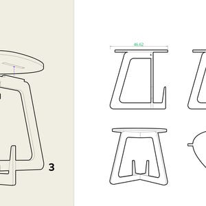 Peut inclure: Un sch&eacute;ma montrant comment assembler une table d'appoint en bois. La table est compos&eacute;e de trois pi&egrave;ces : un plateau rond, une base avec un support triangulaire et un support vertical. Le sch&eacute;ma montre les pi&egrave;ces dans leur position assembl&eacute;e, avec le plateau sur la base et le support vertical fix&eacute; &agrave; la base. Les dimensions de la table sont indiqu&eacute;es en centim&egrave;tres.