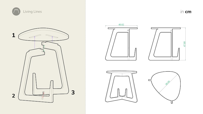 Peut inclure: Un sch&eacute;ma montrant comment assembler une table d'appoint en bois. La table est compos&eacute;e de trois pi&egrave;ces : un plateau rond, une base avec un support triangulaire et un support vertical. Le sch&eacute;ma montre les pi&egrave;ces dans leur position assembl&eacute;e, avec le plateau sur la base et le support vertical fix&eacute; &agrave; la base. Les dimensions de la table sont indiqu&eacute;es en centim&egrave;tres.