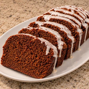 May include: A sliced loaf of dark brown gingerbread cake arranged on a white oval platter. The cake has a porous, textured crumb and is topped with a drizzle of white icing that drips down the sides of each individual slice.