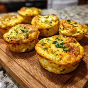 Può includere: Un tagliere di legno contiene sei muffin alle uova cotti al forno, marroni dorati. I muffin sono guarniti con erbe verdi tritate. I muffin sono di colore giallo chiaro e hanno una parte superiore leggermente dorata.