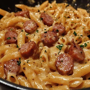 Könnte beinhalten: Nahaufnahme eines cremigen Pastagerichts mit Penne-Nudeln, Wurst und Kräutern. Die Pasta ist mit einer cremigen Sauce überzogen und mit frischer Petersilie garniert.