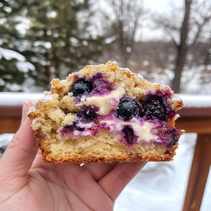 Puede incluir: Primer plano de un muffin de arándanos partido por la mitad, que revela un relleno blanco cremoso y arándanos. El muffin está espolvoreado con azúcar glas y se sostiene en una mano.