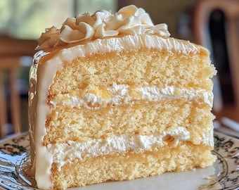 May include: A slice of vanilla cake with white frosting and a caramel glaze. The cake is layered with whipped cream and has a delicate, fluffy texture.