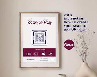 Editable and printable  scan to pay sign template with payment options and QR code sign. Minimalistic design for Airbnb and business