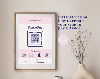 Editable and printable  scan to pay sign template with payment options and QR code sign. Minimalistic design for Airbnb and business
