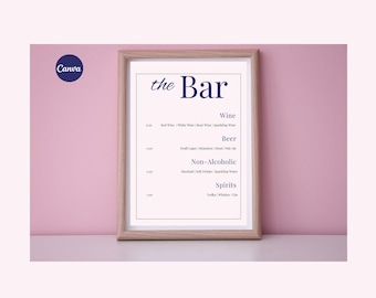 Minimalist Modern Bar Menu Canva Template for Weddings, Events & Restaurants. Editable and printable. Bar menu sign and drink menu template.