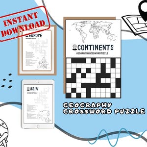 Mots croisés sur la géographie du continent - Amusant et éducatif | Imprimables pour l&#39;école à la maison et feuille de calcul, TÉLÉCHARGEMENT NUMÉRIQUE