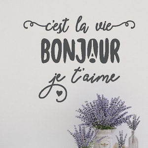 C'est La Vie Bonjour Je T'aime Set 3 Words or Single decal French Country wall art Provence decor Word stickers Paris wall image 1