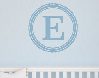 Single Letter wall decal • 22 inch Initial decal • Scallop Circle frame • Decorative letters • Unisex Bedroom • Gender Neutral Nursery vinyl