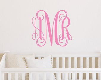 Monogram Letters wall decal for girl nursery decor, Girls Room, Personalized initial wall art, Vinyl name decal, removable sticker