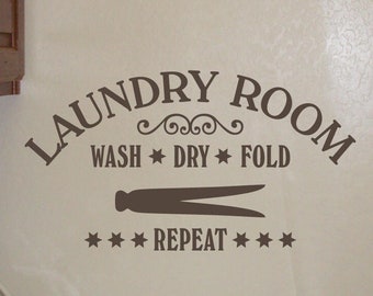 Laundry Room Vinyl Decal, “Wash Dry Fold Repeat” Clothespin Art for Utility or Laundromat