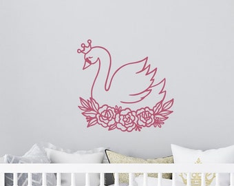 Swan with crown decal | Swan wall decal | Nursery decals | Kids room decor | Nursery wall art | Swan theme | Tiara | Swan floral | Baby girl