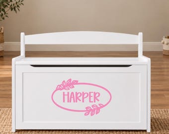 Personalized Girl’s Toy Box Name Decal, Oval Leafy Frame Vinyl Sticker, Custom Keepsake Box Decal