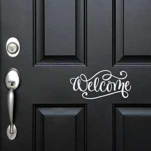 Welcome decal with scrolls, Front door vinyl decal, Entryway decor, Welcome wall sticker, Doorway decor, Office entry decor, Foyer wall art