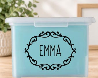 Milestone Tote Decal |  Floral Vintage Scroll Frame with Modern Print Name Decal File Box