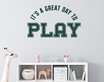 Let's Play Sports Playroom Wall Decal, Collegiate Font Boys Room Decor, Vinyl Lettering